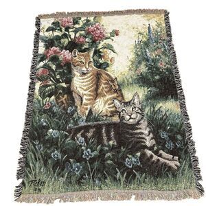 Vintage 1996 Large Cat Kittens Linda Pickens Flowers Tapestry Throw Blanket
